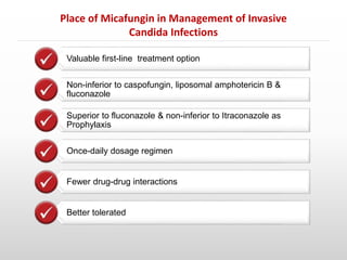 Valuable first-line treatment option
Non-inferior to caspofungin, liposomal amphotericin B &
fluconazole
Superior to fluconazole & non-inferior to Itraconazole as
Prophylaxis
Once-daily dosage regimen
Fewer drug-drug interactions
Better tolerated
Place of Micafungin in Management of Invasive
Candida Infections
 