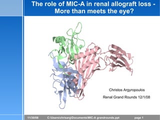 The role of MIC-A in renal allograft loss -
         More than meets the eye?




                                                     Christos Argyropoulos

                                                Renal Grand Rounds 12/1/08




11/30/08   C:UserschrisargDocumentsMIC-A grandrounds.ppt       page 1
 