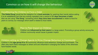 Convince us on how it will change the behaviour
Children acting as Change Agents to Drive Change Behaviour in Community
Children in the age group 8 to 15 community influence most behaviour change and purchases. The
often play back these messages to others and are influential in changing the habits of the otherwise
hard-headed adults.
Conditioning the Children to Form a Habit
‘The Dettol Dong’ would be the metaphor for a loud reminder for washing their hands before eating.
It is an established fact that any activity repeated over a period of 21 days becomes a habit.
Also we are using ‘The Dong’, something which they have been accustomed to relate to food for
years to convey our message which itself is related to food habits.
Peer to Peer Impact on Children
Children are influenced by their peers to a large extent. Promoting a group activity among the
children community would cause a greater impact.
 