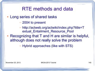 RTE methods and data
●

Long series of shared tasks
–
–

●

2004 to present
http://aclweb.org/aclwiki/index.php?title=T
extual_Entailment_Resource_Pool

Recognizing that T and H are similar is helpful,
although does not really solve the problem
–

November 25, 2013

Hybrid approaches (like with STS)

MICAI-2013 Tutorial

140

 