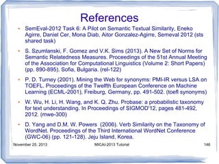 References
●

●

●

●

●

SemEval-2012 Task 6: A Pilot on Semantic Textual Similarity, Eneko
Agirre, Daniel Cer, Mona Diab, Aitor Gonzalez-Agirre, Semeval 2012 (sts
shared task)
S. Szumlanski, F. Gomez and V.K. Sims (2013). A New Set of Norms for
Semantic Relatedness Measures. Proceedings of the 51st Annual Meeting
of the Association for Computational Linguistics (Volume 2: Short Papers)
(pp. 890-895). Sofia, Bulgaria. (rel-122)
P. D. Turney (2001). Mining the Web for synonyms: PMI-IR versus LSA on
TOEFL. Proceedings of the Twelfth European Conference on Machine
Learning (ECML-2001), Freiburg, Germany, pp. 491-502. (toefl synonyms)
W. Wu, H. Li, H. Wang, and K. Q. Zhu. Probase: a probabilistic taxonomy
for text understanding. In Proceedings of SIGMOD'12, pages 481-492,
2012. (mwe-300)
D. Yang and D.M. W. Powers (2006). Verb Similarity on the Taxonomy of
WordNet. Proceedings of the Third International WordNet Conference
(GWC-06) (pp. 121-128). Jeju Island, Korea.

November 25, 2013

MICAI-2013 Tutorial

146

 