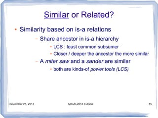 Similar or Related?
●

Similarity based on is-a relations
–

Share ancestor in is-a hierarchy
●
●

–

A miter saw and a sander are similar
●

November 25, 2013

LCS : least common subsumer
Closer / deeper the ancestor the more similar
both are kinds-of power tools (LCS)

MICAI-2013 Tutorial

15

 