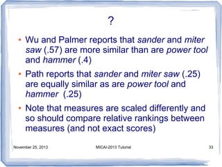 ?
●

●

●

Wu and Palmer reports that sander and miter
saw (.57) are more similar than are power tool
and hammer (.4)
Path reports that sander and miter saw (.25)
are equally similar as are power tool and
hammer (.25)
Note that measures are scaled differently and
so should compare relative rankings between
measures (and not exact scores)

November 25, 2013

MICAI-2013 Tutorial

33

 