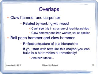 Overlaps
●

Claw hammer and carpenter
–

Related by working with wood
●
●

●

Can't see this in structure of is-a hierarchies
Claw hammer and iron worker just as similar

Ball peen hammer and claw hammer
–

Reflects structure of is-a hierarchies

–

If you start with text like this maybe you can
build is-a hierarchies automatically!
●

November 25, 2013

Another tutorial...
MICAI-2013 Tutorial

53

 