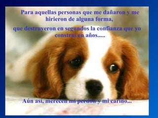 Para aquellas personas que me dañaron y me hirieron de alguna forma,  que destruyeron en segundos la confianza que yo construí en años..... Aún así, merecen mi perdón y mi cariño... 