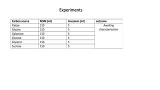 Experiments
Carbon source MSM (ml) Inoculum (ml) outcome
Xylose 150 5 Awaiting
characterization
Glycine 150 5
Galactose 150 5
Glucose 150 5
Glycerol 150 5
Sucrose 150 5
 