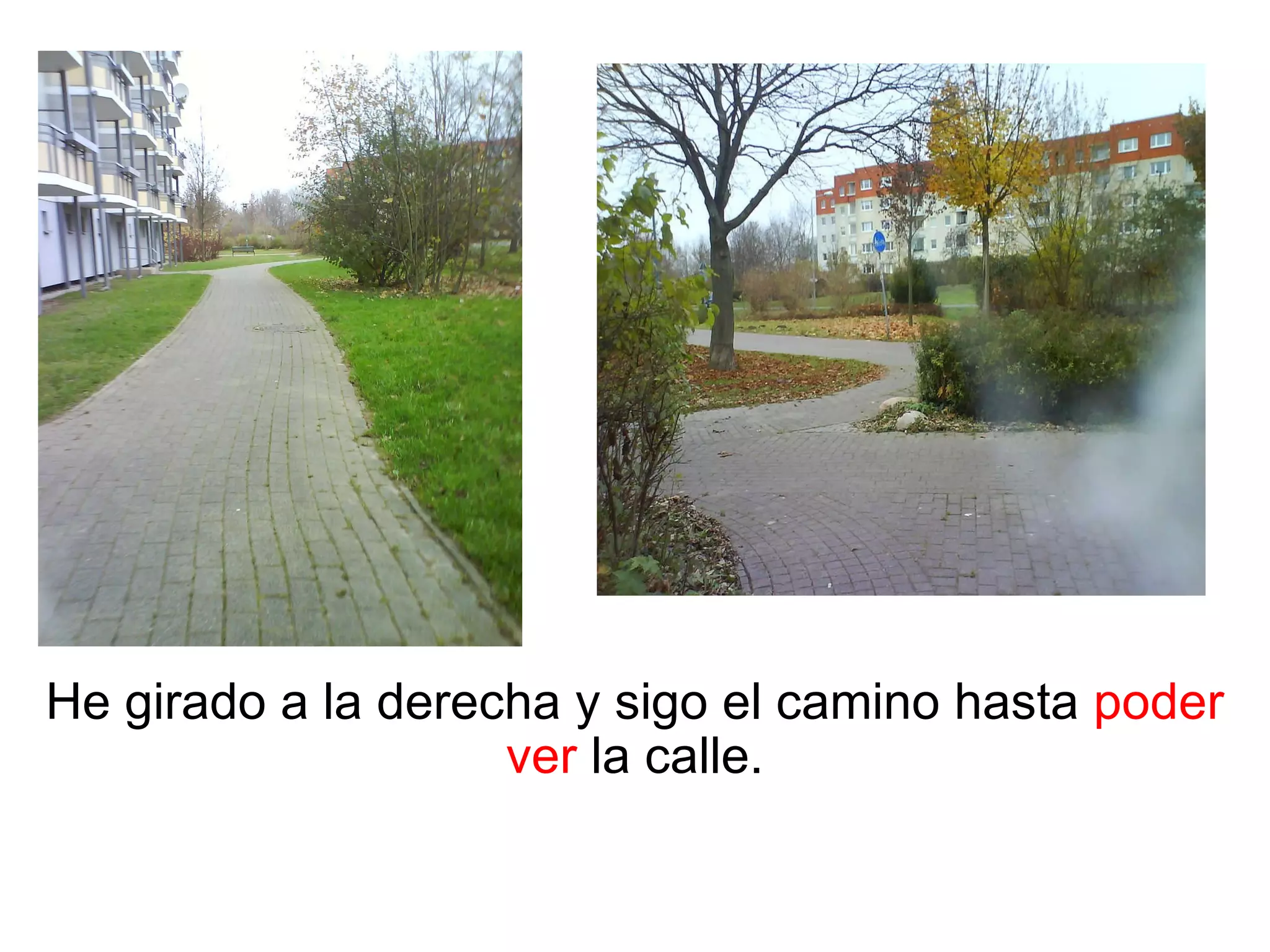 He girado a la derecha y sigo el camino hasta poder ver la calle.