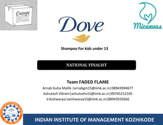 Shampoo For kids under 13




               Team FADED FLAME
  Arnab Guha Mallik |arnabgm15@iimk.ac.in|08943994677
  Ashutosh Vikram|ashutoshv15@iimk.ac.in|09745212105
    V.Aishwarya|vaishwarya15@iimk.ac.in|08943935666




INDIAN INSTITUTE OF MANAGEMENT KOZHIKODE
 