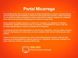 Portal Micarrega
800.000
Acessos durante a promoção
O portal Micarrega será a reunião de todos os dados pertinentes ao evento e principal espaço
para divulgação de patrocinadores, através do nosso portal será possível: comprar ingressos,
ver os pontos de venda, acompanhar nossas redes sociais, releases, cadastro em newsletter,
entre outros serviços para a participação do usuário em nossa festa.
Nosso portal terá design responsivo e poderá ser carregado com agilidade em tablets e
smartphones, também indicaremos para os usuários a possibilidade de salvar o site nos
favoritos transformando o mesmo na espécie de um aplicativo.
A entrega de banners será segmentada, de acordo com: dispositivo, local de acesso e quando
tivermos informações em nossa base: por sexo, podendo exibir banners diferente para cada
público.
Todos os usuários que passarem por nosso portal adicionaremos cookies, onde nos dias
próximos ao evento estaremos exibindo banners de “retargeting” oferecendo vantagem para
quem ainda não comprou o passaporte Micarrega.
 