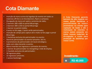 •  Inserção	
  da	
  marca	
  acima	
  do	
  logoRpo	
  do	
  evento	
  em	
  todos	
  os	
  
materiais	
  oﬀ-­‐line	
  e	
  on-­‐line	
  (banners,	
  ﬂyers	
  e	
  cartazes);	
  
•  Divulgação	
  da	
  marca	
  em	
  spots	
  e	
  anúncios	
  de	
  rádio;	
  
•  2	
  banners	
  300	
  x	
  600	
  no	
  portal	
  Micarrega;	
  
•  2	
  banners	
  300	
  x	
  250	
  no	
  portal	
  Micarrega	
  
•  1	
  banner	
  no	
  portal	
  mobile;	
  
•  4	
  posts	
  na	
  fan	
  page,	
  2	
  posts	
  serão	
  patrocinados;	
  
•  Inserção	
  de	
  campo	
  para	
  captura	
  de	
  e-­‐mails	
  na	
  fan	
  page	
  e	
  portal	
  
Micarrega;	
  
•  1	
  backdrop	
  exclusivo	
  do	
  patrocinador	
  no	
  evento;	
  
•  Stand	
  do	
  patrocinador	
  no	
  evento	
  tamanho:	
  3x3	
  m;	
  
•  4	
  promotores	
  do	
  patrocinador	
  em	
  local	
  estratégico;	
  
•  Ação	
  com	
  vídeo	
  durante	
  o	
  evento;	
  
•  Marca	
  inserida	
  nos	
  ingressos	
  e	
  camisetas	
  do	
  evento;	
  
•  1	
  banner	
  do	
  patrocinador	
  no	
  retargeRng	
  e	
  rede	
  de	
  display;	
  
•  1	
  FaceAds	
  exclusivo	
  do	
  patrocinador;	
  
•  30	
  ingressos	
  pista;	
  
•  15	
  ingressos	
  camarote;	
  
•  1	
  acesso	
  backstage.	
  
* R$ 40.000
Cota Diamante
Investimento:
A Cota Diamante garante
banners de alto impacto em
nosso portal, backdrop, e
possibilidade de inserir
promotores no evento para
captação de leads e até a
realização de clientes. A
marca estará presente em
todos nossos materiais de
divulgação e custo para
produção do backdrop por
nossa conta.
 