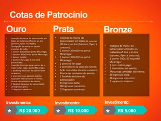 •  Inserção	
  da	
  marca	
  	
  do	
  
patrocinador	
  em	
  todos	
  os	
  
materiais	
  oﬀ-­‐line	
  e	
  on-­‐line	
  
(banners,	
  ﬂyers	
  e	
  cartazes);	
  
•  1	
  banner	
  300x250	
  no	
  portal	
  
Micarrega;	
  
•  2	
  posts	
  na	
  fan	
  page;	
  
•  2	
  promotores	
  no	
  evento;	
  
•  Marca	
  nas	
  camisetas	
  do	
  evento;	
  
•  10	
  ingressos	
  pista;	
  
•  10	
  ingressos	
  mezanino;	
  
•  2	
  ingressos	
  camarote.	
  
* R$ 5.000
Bronze
Investimento:
•  Inserção	
  da	
  marca	
  	
  do	
  
patrocinador	
  em	
  todos	
  os	
  materiais	
  
oﬀ-­‐line	
  e	
  on-­‐line	
  (banners,	
  ﬂyers	
  e	
  
cartazes);	
  
•  1	
  banner	
  300x600	
  no	
  portal	
  
Micarrega;	
  
•  1	
  banner	
  300x250	
  no	
  portal	
  
Micarrega;	
  
•  2	
  posts	
  na	
  fan	
  page	
  
•  2	
  promotores	
  na	
  saída	
  do	
  evento;	
  
•  Ação	
  com	
  vídeo	
  durante	
  o	
  evento;	
  
•  Marca	
  nas	
  camisetas	
  do	
  evento;	
  
•  1	
  FaceAds	
  exclusivo	
  do	
  
patrocinador;	
  
•  15	
  ingressos	
  pista;	
  
•  08	
  ingressos	
  mezanino;	
  
•  05	
  ingressos	
  camarote.	
  
* R$ 10.000
Investimento:
Prata
•  Inserção	
  da	
  marca	
  	
  do	
  patrocinador	
  em	
  
todos	
  os	
  materiais	
  oﬀ-­‐line	
  e	
  on-­‐line	
  
(banners,	
  ﬂyers	
  e	
  cartazes);	
  
•  Divulgação	
  da	
  marca	
  em	
  spots	
  e	
  
anúncios	
  de	
  rádio;	
  
•  1	
  banner	
  300x600	
  no	
  portal	
  Micarrega;	
  
•  2	
  banners	
  300x250	
  no	
  portal	
  Micarrega;	
  
•  1	
  banner	
  mobile;	
  
•  2	
  posts	
  na	
  fan	
  page,	
  1	
  post	
  será	
  
patrocinado;	
  
•  Inserção	
  de	
  campo	
  para	
  captura	
  de	
  e-­‐
mails	
  na	
  fan	
  page	
  e	
  portal	
  Micarrega;	
  
•  1	
  backdrop	
  exclusivo	
  do	
  patrocinador	
  
no	
  evento;	
  
•  2	
  promotores	
  na	
  saída	
  do	
  evento;	
  
•  Ação	
  com	
  vídeo	
  durante	
  o	
  evento;	
  
•  Marca	
  nas	
  camisetas	
  do	
  evento;	
  
•  2	
  FaceAds	
  exclusivo	
  do	
  patrocinador;	
  
•  20	
  ingressos	
  pista;	
  
•  10	
  ingressos	
  camarote.	
  
Ouro
* R$ 20.000
Investimento:
Cotas de Patrocínio
 