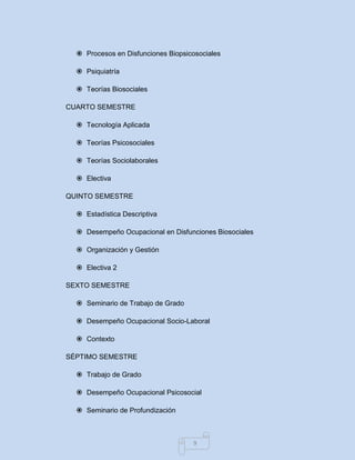 9 
 Procesos en Disfunciones Biopsicosociales 
 Psiquiatría 
 Teorías Biosociales 
CUARTO SEMESTRE 
 Tecnología Aplicada 
 Teorías Psicosociales 
 Teorías Sociolaborales 
 Electiva 
QUINTO SEMESTRE 
 Estadística Descriptiva 
 Desempeño Ocupacional en Disfunciones Biosociales 
 Organización y Gestión 
 Electiva 2 
SEXTO SEMESTRE 
 Seminario de Trabajo de Grado 
 Desempeño Ocupacional Socio-Laboral 
 Contexto 
SÉPTIMO SEMESTRE 
 Trabajo de Grado 
 Desempeño Ocupacional Psicosocial 
 Seminario de Profundización  