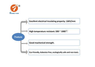 Excellent electrical insulating property: 16KV/mm
High temperature resistant: 500 ~ 1000℃
Feature
Good machenical strength.
Eco-friendly, Asbestos-free, ecologically safe and non-toxic.
 