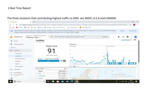 1.Real Time Report
The three locations that contributing highest traffic to GMS are INDIA ,U.S.A and CANADA
 