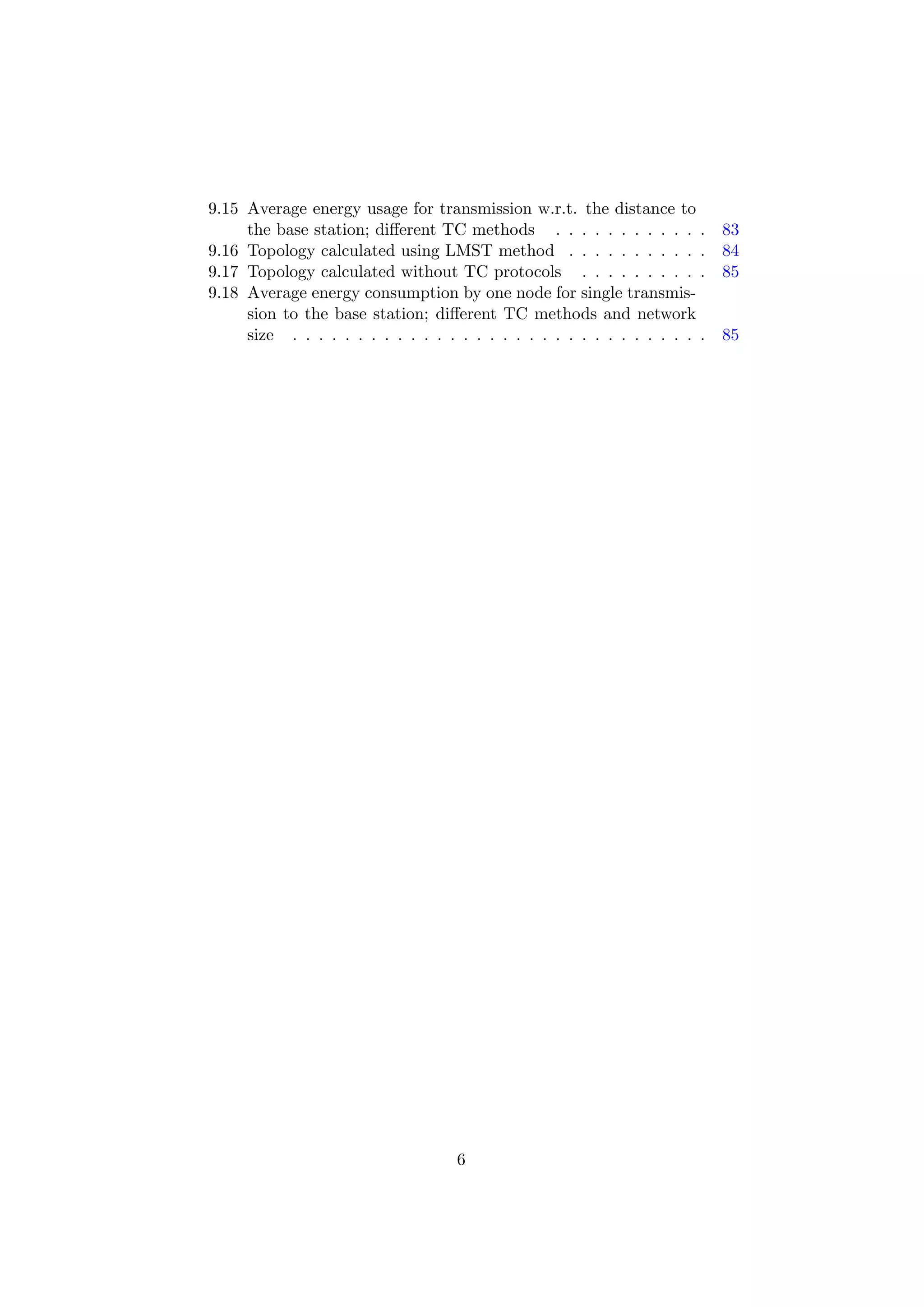 9.15 Average energy usage for transmission w.r.t. the distance to
     the base station; diﬀerent TC methods . . . . . . . . . . . .          83
9.16 Topology calculated using LMST method . . . . . . . . . . .            84
9.17 Topology calculated without TC protocols . . . . . . . . . .           85
9.18 Average energy consumption by one node for single transmis-
     sion to the base station; diﬀerent TC methods and network
     size . . . . . . . . . . . . . . . . . . . . . . . . . . . . . . . .   85




                                    6
 