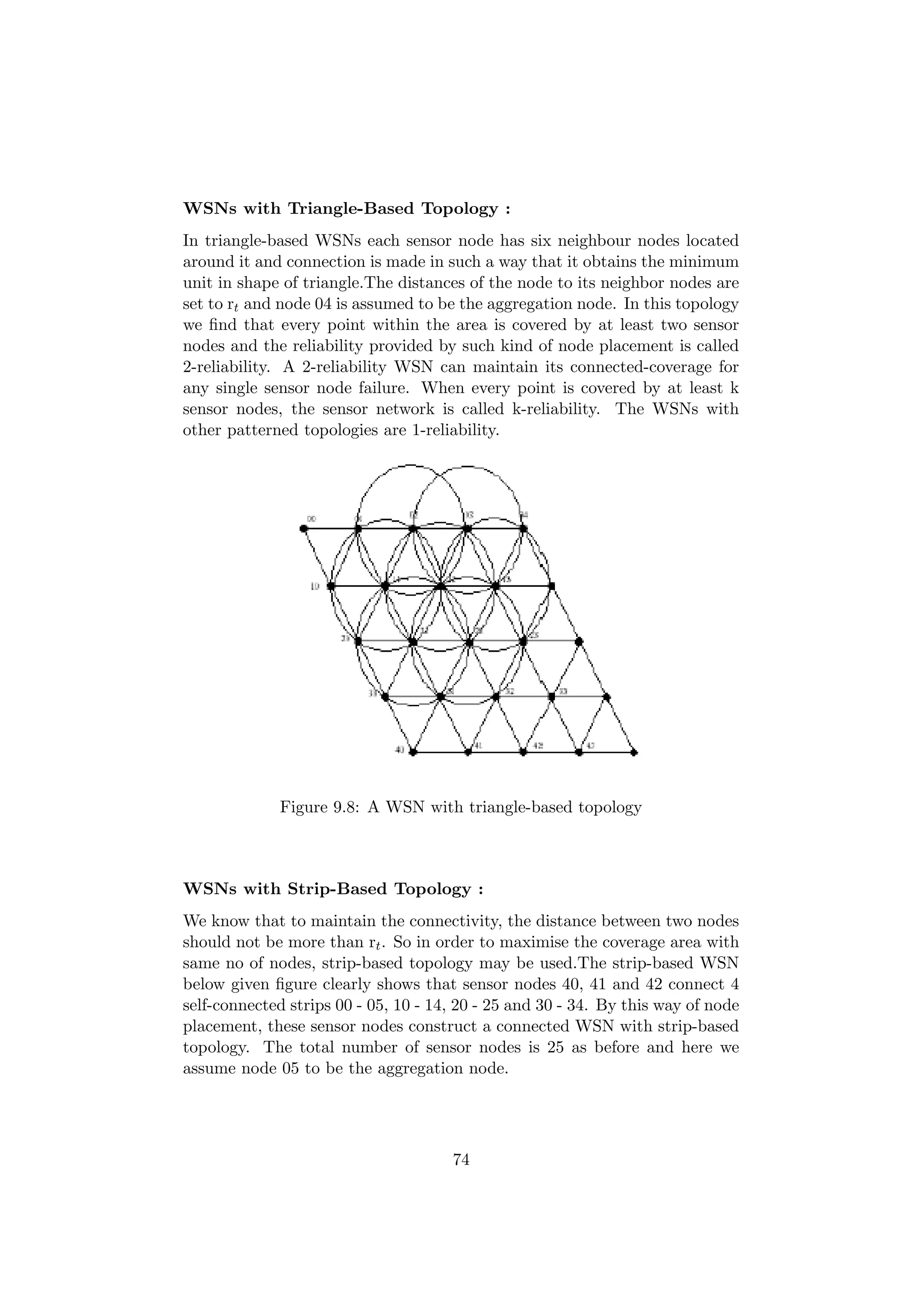 WSNs with Triangle-Based Topology :
In triangle-based WSNs each sensor node has six neighbour nodes located
around it and connection is made in such a way that it obtains the minimum
unit in shape of triangle.The distances of the node to its neighbor nodes are
set to rt and node 04 is assumed to be the aggregation node. In this topology
we ﬁnd that every point within the area is covered by at least two sensor
nodes and the reliability provided by such kind of node placement is called
2-reliability. A 2-reliability WSN can maintain its connected-coverage for
any single sensor node failure. When every point is covered by at least k
sensor nodes, the sensor network is called k-reliability. The WSNs with
other patterned topologies are 1-reliability.




             Figure 9.8: A WSN with triangle-based topology



WSNs with Strip-Based Topology :
We know that to maintain the connectivity, the distance between two nodes
should not be more than rt . So in order to maximise the coverage area with
same no of nodes, strip-based topology may be used.The strip-based WSN
below given ﬁgure clearly shows that sensor nodes 40, 41 and 42 connect 4
self-connected strips 00 - 05, 10 - 14, 20 - 25 and 30 - 34. By this way of node
placement, these sensor nodes construct a connected WSN with strip-based
topology. The total number of sensor nodes is 25 as before and here we
assume node 05 to be the aggregation node.




                                      74
 