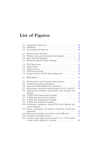 List of Figures

 5.1    Component Architecture . . . . . . . . . . . . . . . . . . . . .                            32
 5.2    OSI Model . . . . . . . . . . . . . . . . . . . . . . . . . . . . .                         34
 5.3    Our proposed Architecture . . . . . . . . . . . . . . . . . . .                             38

 6.1    Wireless Sensor Networks . . . . . . . . . . . .            .   .   .   .   .   .   .   .   41
 6.2    Wireless sensor node functional block diagram .             .   .   .   .   .   .   .   .   42
 6.3    Basic Network Topologies . . . . . . . . . . . .            .   .   .   .   .   .   .   .   44
 6.4    Hybrid Star-Mesh Network Topology . . . . . .               .   .   .   .   .   .   .   .   45

 7.1    CTP Data Frame . . . . . . . .      . . . . . . .   .   .   .   .   .   .   .   .   .   .   53
 7.2    Origin Packet . . . . . . . . . .   . . . . . . .   .   .   .   .   .   .   .   .   .   .   54
 7.3    Packet Instance . . . . . . . . .   . . . . . . .   .   .   .   .   .   .   .   .   .   .   55
 7.4    CTP Routing Frame . . . . . .       . . . . . . .   .   .   .   .   .   .   .   .   .   .   55
 7.5    Sample Structure of CTP Node        Deployment      .   .   .   .   .   .   .   .   .   .   58

 8.1    RSSI Method . . . . . . . . . . . . . . . . . . . . . . . . . . .                           61

 9.1    Wireless sensor node functional block diagram . . . . . . . . .                             67
 9.2    Comparison of power consumption . . . . . . . . . . . . . . .                               68
 9.3    Li-Ion and NiCd/NiMH battery behaviour. . . . . . . . . . .                                 68
 9.4    Measurement setup and resulting graphs for 10 C and 10 C. .                                 69
 9.5    Approximated discharge characteristics with Varying Tem-
        perature . . . . . . . . . . . . . . . . . . . . . . . . . . . . . .                        70
 9.6    A WSN with hexagon-based topology . . . . . . . . . . . . .                                 73
 9.7    A WSN with square-based topology . . . . . . . . . . . . . .                                73
 9.8    A WSN with triangle-based topology . . . . . . . . . . . . . .                              74
 9.9    A WSN with strip-based topology . . . . . . . . . . . . . . .                               75
 9.10   Performance comparison among WSNs with diﬀerent pat-
        terned topologies . . . . . . . . . . . . . . . . . . . . . . . . .                         76
 9.11   Energy consumption and lifetime comparison among three
        approaches . . . . . . . . . . . . . . . . . . . . . . . . . . . .                          78
 9.12   Placement of topology control layer in the OSI stack . . . . .                              80
 9.13   Formula for Topology Control . . . . . . . . . . . . . . . . . .                            81
 9.14   Average energy usage for transmission w.r.t. to the number
        of relay nodes; diﬀerent TC methods . . . . . . . . . . . . .                               82


                                       5
 