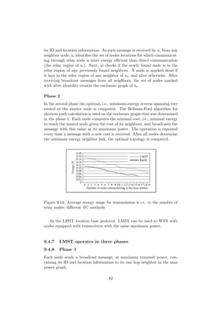 its ID and location information. As such message is received by xi from any
neighbor node, xi identiﬁes the set of nodes locations for which communicat-
ing through relay node is more energy eﬃcient than direct communication
(the relay region of xi ). Next, xi checks if the newly found node is in the
relay region of any previously found neighbors. A node is marked dead if
it lays in the relay region of any neighbor of xi , and alive otherwise. After
receiving broadcast messages from all neighbors, the set of nodes marked
with alive identiﬁer creates the enclosure graph of xi .

Phase 2
In the second phase the optimal, i.e., minimum-energy reverse spanning tree
rooted at the master node is computed. The Bellman-Ford algorithm for
shortest path calculation is used on the enclosure graph that was determined
in the phase 1. Each node computes the minimal cost, i.e., minimal energy
to reach the master node given the cost of its neighbors, and broadcasts the
message with this value at its maximum power. The operation is repeated
every time a message with a new cost is received. After all nodes determine
the minimum energy neighbor link, the optimal topology is computed.




Figure 9.14: Average energy usage for transmission w.r.t. to the number of
relay nodes; diﬀerent TC methods


   In the LMST location base protocol. LMST can be used to WSN with
nodes equipped with transceivers with the same maximum power.


9.4.7   LMST operates in three phases
9.4.8   Phase 1
Each node sends a broadcast message, at maximum transmit power, con-
taining its ID and location information to its one hop neighbor in the max
power graph.

                                     82
 