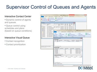 | ©2014 Mitel. Proprietary and Confidential.| ©2014 Mitel. Proprietary and Confidential.
Supervisor Control of Queues and Agents
Interactive Contact Center
• Dynamic control of agents
and queues
• Queue control using
schedules and plans
(based on queue conditions)
Interactive Visual Queue
• Contact recognition
• Contact prioritization
 