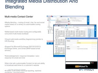 | ©2014 Mitel. Proprietary and Confidential.| ©2014 Mitel. Proprietary and Confidential.
Integrated Media Distribution And
Blending
Multi-media Contact Center
•Media blending – routing of email, chat, fax and social
media based on a variety of customizable routing
options
•Skills-based multi-media routing and configurable
concurrent multi-media workload
•Visual multi-media workflow diagramming (similar to
IVR Routing)
•Support for Microsoft Exchange 2007/2010/2013,
Exchange Online, and Gmail (IMAP-based email
servers)
•Acknowledgement / response templates / auto-
response for email and chat
•Web chat with customizable Contact Us tab and ability
to broadcast wait times to a customer’s website
•Enables multi-media historical reporting, real-time
 