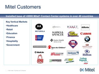 | ©2014 Mitel. Proprietary and Confidential.| ©2014 Mitel. Proprietary and Confidential.3
Mitel Customers
MOTOROLA
Installed base of >8000 Mitel®
Contact Center systems in over 40 countriesInstalled base of >8000 Mitel®
Contact Center systems in over 40 countries
Key Vertical Markets
•Healthcare
•Retail
•Education
•Finance
•Hospitality
•Government
 