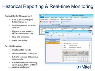 | ©2014 Mitel. Proprietary and Confidential.| ©2014 Mitel. Proprietary and Confidential.
Historical Reporting & Real-time Monitoring
Contact Center Management
• Core Business/Enterprise
Edition feature set
• Intuitive agent and supervisor
interface
• Comprehensive reporting
(450+ integrated reports)
• Real-time monitoring
• Agent forecasting
Flexible Reporting
• Create custom reports
• Wizard-based report designer
• Edit and configure 290 existing
voice reports
• Create new reports combining
agent, queue, DNIS, and trunk
data in a single report
 