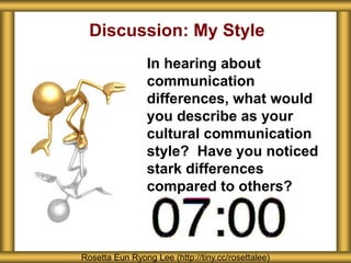 Discussion: My Style
In hearing about
communication
differences, what would
you describe as your
cultural communication
style? Have you noticed
stark differences
compared to others?
Rosetta Eun Ryong Lee (http://tiny.cc/rosettalee)
 