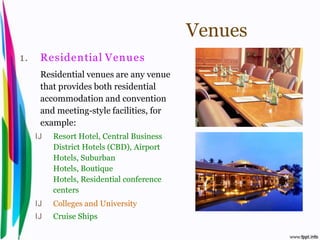 Venues
 1.        Residential Venues
           Residential venues are any venue
           that provides both residential
           accommodation and convention
           and meeting-style facilities, for
           example:
         IJ       Resort Hotel, Central Business
                  District Hotels (CBD), Airport
                  Hotels, Suburban
                  Hotels, Boutique
                  Hotels, Residential conference
                  centers
         IJ       Colleges and University
         IJ       Cruise Ships

Introduction to Hospitality, John                           By Aj. Pavit Tansakul
 