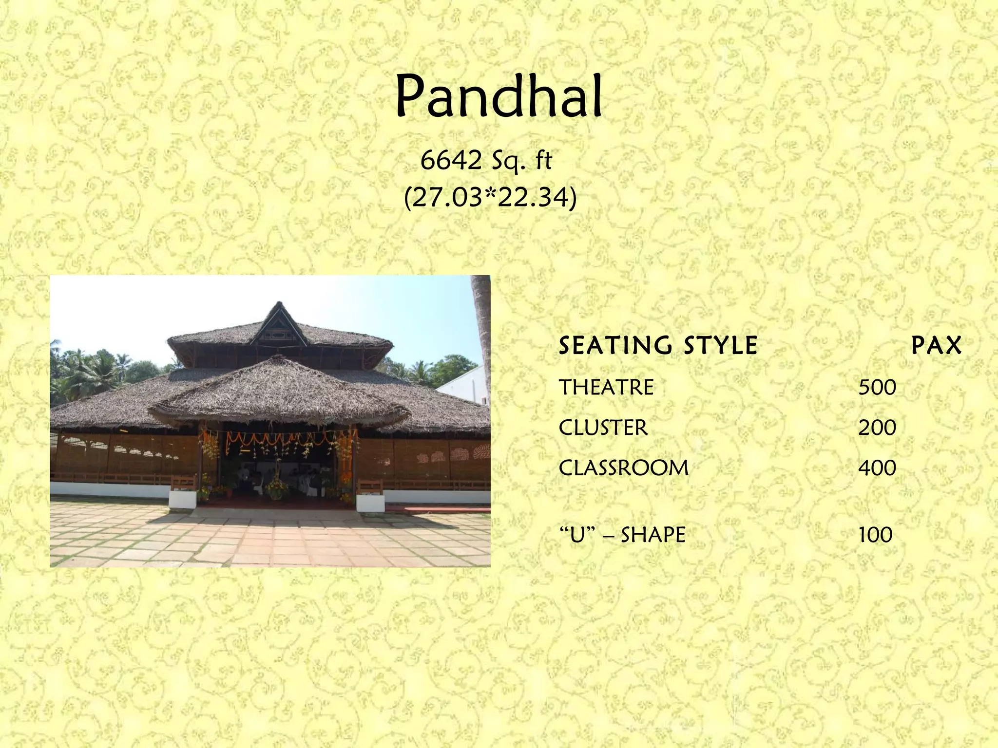 Pandhal
SEATING STYLE PAX
THEATRE 500
CLUSTER 200
CLASSROOM 400
“U” – SHAPE 100
6642 Sq. ft
(27.03*22.34)