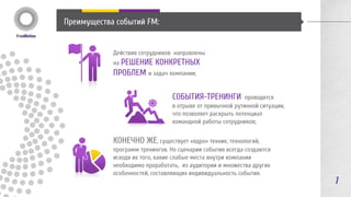 Корпоративное кино FreeMotion 
FreeMotion events интегрируется 
с FreeMotion production и создает 
корпоративное кино для событий клиента. 
Кино-в-тот-же-день (same date edit): кино 
снимается и монтируется во время 
мероприятия, транслируется уже на 
финальном дне события, закрепляя 
впечатления о нем 
Кино после события: корпоративное кино 
о прошедшем событии – впечатление, 
работающее гораздо дольше короткого 
мероприятия 
Корпоративное кино, показанное на 
событии: кульминация мероприятия, 
его начало или финал 
Кино к событию: люди вовлекаются в 
съемки еще до мероприятия, а само 
событие – премьера фильма с участием 
сотрудников 
Кино как событие: весь тимбилдинг - это 
часть киносъемочного процесса, и люди в 
нем – актеры и режиссеры, создающие 
Видео продукт, обреченный на успех. 
как элемент 
события 
и инструмент 
7 
 