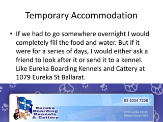 Temporary Accommodation
• If we had to go somewhere overnight I would
completely fill the food and water. But if it
were for a series of days, I would either ask a
friend to look after it or send it to a kennel.
Like Eureka Boarding Kennels and Cattery at
1079 Eureka St Ballarat.
 