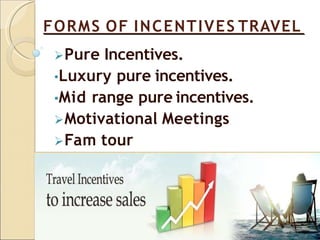 FORMS OF INCENTIVES TRAVEL
Pure Incentives.
•Luxury pure incentives.
•Mid range pure incentives.
Motivational Meetings
Fam tour
 