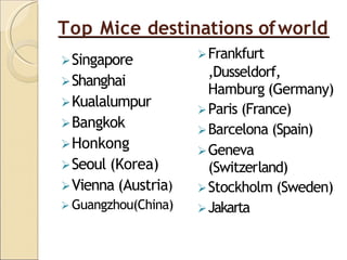 Top Mice destinations ofworld
Singapore
Shanghai
Kualalumpur
Bangkok
Honkong
Seoul (Korea)
Vienna (Austria)
 Guangzhou(China)
Frankfurt
,Dusseldorf,
Hamburg (Germany)
Paris (France)
Barcelona (Spain)
Geneva
(Switzerland)
Stockholm (Sweden)
Jakarta
 
