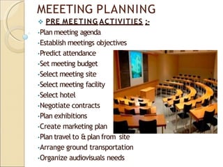 MEEETING PLANNING
 PRE MEETING ACTIVITIES :-
•Plan meeting agenda
•Establish meetings objectives
•Predict attendance
•Set meeting budget
•Select meeting site
•Select meeting facility
•Select hotel
•Negotiate contracts
•Plan exhibitions
•Create marketing plan
•Plan travel to &plan from site
•Arrange ground transportation
•Organize audiovisuals needs
 