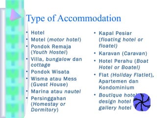 Type of Accommodation
• Hotel
• Motel (motor hotel)
• Pondok Remaja
(Youth Hostel)
• Villa, bungalow dan
cottage
• Pondok Wisata
• Wisma atau Mess
(Guest House)
• Marina atau nautel
• Persinggahan
(Homestay or
Dormitory)
• Kapal Pesiar
(floating hotel or
floatel)
• Karavan (Caravan)
• Hotel Perahu (Boat
Hotel or Boatel)
• Flat (Holiday Flatlet),
Apartemen dan
Kondominium
• Boutique hotel,
design hotel dan
gallery hotel
 