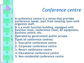 Conference centre
• A conference centre is a venue that provides
conference needs, start from meeting room until
organiser staff.
• It is a multi function building, equipped with
function room, conference room, AV equipment,
business centre, etc.
• Operated by government and/or private
• Types of conference centres:
1. Executive conference centre
2. Corporate conference centre
3. Resort conference centre
4. Educational conference centre
5. Non-residential conference centre
 