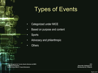 Types of Events

                                     •        Categorized under MICE
                                     •        Based on purpose and content
                                     •        Sports
                                     •        Advocacy and philanthropic
                                     •        Others




Event Management for Tourism, Sports, Business and MICE:                                           2012
A Philippine Perspective                                                     Books Atbp. Publishing Corp.
By Maria Arlene (Bam) S. Tuazon-Disimulacion                                 Mandaluyong City, Philippines
 