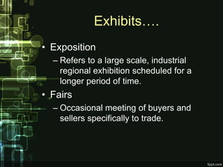 Exhibits….
• Exposition
  – Refers to a large scale, industrial
    regional exhibition scheduled for a
    longer period of time.
• Fairs
  – Occasional meeting of buyers and
    sellers specifically to trade.
 