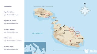 Transferzeiten:
Flughafen -Valletta:
15/20 Minuten mit dem Auto
Flughafen - St. Julian's:
25/30 Minuten mit dem Auto
St. Julian’s -Valletta:
10/20 Minuten mit dem Auto
Valletta - Gozo:
60/70 Minuten mit dem Auto/ Fähre
St. Julian’s - Gozo :
35/45 Minuten mit dem Auto
 