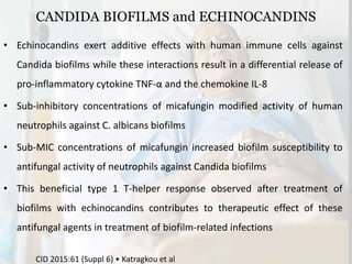 CANDIDA BIOFILMS and ECHINOCANDINS
• Echinocandins exert additive effects with human immune cells against
Candida biofilms while these interactions result in a differential release of
pro-inflammatory cytokine TNF-α and the chemokine IL-8
• Sub-inhibitory concentrations of micafungin modified activity of human
neutrophils against C. albicans biofilms
• Sub-MIC concentrations of micafungin increased biofilm susceptibility to
antifungal activity of neutrophils against Candida biofilms
• This beneficial type 1 T-helper response observed after treatment of
biofilms with echinocandins contributes to therapeutic effect of these
antifungal agents in treatment of biofilm-related infections
CID 2015:61 (Suppl 6) • Katragkou et al
 
