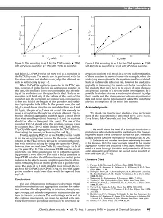 In the Laboratory
JChemEd.chem.wisc.edu • Vol. 75 No. 1 January 1998 • Journal of Chemical Education 97
Figure 5. Plot according to eq 7 for the TTAC system. ᭿: TTAC
with DoPyrCl as quencher; ᭜: TTAC with TPyrCl as quencher.
CQ (mM)
ln(I0/IQ)
Figure 6. Plot according to eq 7 for the CTAB system. ᭿: CTAB
with DoPyrCl as quencher; ᭜: CTAB with CPyrCl as quencher.
CQ (mM)
ln(I0/IQ)
and Table 3, DoPyrCl works out very well as a quencher in
the DoTAB system. The results are in good accord with the
literature values, and students can judge the obtained re-
sults as satisfactory by eqs 1–5.
When DoPyrCl is applied as quencher in the TTAC sys-
tem, however, it yields too low an aggregation number. In
this case, the conflict is due to our assumption that the mix-
ing of the surfactant and the quencher is ideal. Such an as-
sumption will hold only if the values of the cmc’s of the
quencher and the surfactant are similar and, consequently,
it does not hold if the lengths of the quencher and surfac-
tant hydrophobic tails differ. In the present case, the real
[Qmic] is much lower than the one calculated from eqs 9 and
10. Again, the plot of eq 7 does not reveal this anomaly be-
cause a straight line through the origin is obtained (Fig. 5),
but the obtained aggregation number again is much lower
than what could be predicted from eqs 1–5, and the students
should be able to disregard this result. The use of the
quencher TPyrCl should solve this problem, because it can
be assumed that TPyrCl mixes ideally with TTAC. Indeed,
TPyrCl yields a good aggregation number for TTAC (Table 3),
illustrating the necessity of knowing the real [Qmic].
Finally, applying DoPyrCl in the CTAB systems results
in too low an aggregation number for the same reason that
it failed in the TTAC system. Trying to circumvent the prob-
lem with nonideal mixing by using the quencher CPyrCl,
however, does not work (see Table 3), even though the fit of
eq 7 is good (Fig. 6). This is because CTAB micelles do not
conform to one of the assumptions for eq 7: that the quench-
ing process is very effective. For such a bulky quencher in
large CTAB micelles, the diffusion toward an excited probe
molecule is too slow to assure complete quenching in all mi-
celles containing both an excited probe and a quencher mol-
ecule. The plots of eq 7 yield straight lines through the ori-
gin both for DoPyrCl and CPyrCl (Fig. 6), but with aggre-
gation numbers much lower than would be expected from
eqs 1–5.
Conclusions
The use of fluorescence techniques to determine critical
micelle concentrations and aggregation numbers for surfac-
tant micelles offers the possibility to introduce photophysics,
spectroscopy, and microheterogeneous supramolecular sys-
tems to chemistry students. The methodology works well in
the systems investigated, but must be applied with care.
Using fluorescence quenching uncritically to determine ag-
gregation numbers will result in a severe underestimation
of these numbers in several cases—for example, when the
underlying assumptions for the equations used are violated.
Such an unfavorable situation can, however, be used peda-
gogically in discussing the results and helps to explain to
the students that they have to be aware of both chemical
and physical aspects of a system under investigation. It is
possible for students to use a semi-empirical model to judge
their results and the discrepancies between experimental
data and model can be rationalized if taking the underlying
physical assumptions of the model into account.
Acknowledgments
We thank the fourth-year students who performed
most of the measurements presented here: Joris Baele,
Davy Briers, Joke Creuwels, and Jan De Rudder.
Notes
1. We would stress the need of a thorough introduction to
photophysics before students start the practical work. It is, however,
beyond the scope of this contribution to treat that part. Interested
readers will find sufficient information in the literature (9, 23–26).
2. Surfactants and micelles have been extensively discussed
in the literature. Only the major concepts related to the micellar
aggregation number are discussed in this paper. Readers inter-
ested in a more thorough discussion and presentation of the mi-
cellar aggregation phenomenon can consult some excellent ar-
ticles and books (5, 27–32).
Literature Cited
1. Furton, K. G.; Norelus, A. J. Chem. Educ. 1993, 70, 254.
2. Goodling, K.; Johnson, K.; Lefkowitz, L.; Williams, B. W. J. Chem.
Educ. 1994, 71, A8.
3. Rodríguez Prieto, M. F.; Ríos Rodríguez, M. C.; Mosquera González,
M.; Ríos Rodríguez, A. M.; Mejuto Fernández, J. C. J. Chem. Educ.
1995, 72, 662.
4. Nagarajan, R.; Ruckenstein, E. Langmuir 1991, 7, 2934.
5. Tanford, C. The Hydrophobic Effect; Wiley: New York, 1980.
6. Borbèly, S.; Cser, L.; Ostanevich, Yu. M.; Vass, Sz. J. Phys. Chem.
1989, 93, 7967.
7. Turro, N. J.; Yekta, A. J. Am. Chem. Soc. 1978, 100, 5951.
8. Almgren, M.; Grieser, F.; Thomas, J. K. J. Am. Chem. Soc. 1979,
101, 279.
9. De Schryver, F. C.; Croonen, Y.; Geladé, E.; Van der Auweraer, M.;
Dederen, J. C.; Roelants, E.; Boens, N. In Surfactants in Solution, Vol.
1; Mittal, K. L.; Lindman, B., Eds.; Plenum: New York, 1984; p 663.
10. Infelta, P. P. Chem. Phys. Lett. 1979, 61, 88.
 