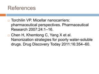 References
 Torchilin VP. Micellar nanocarriers:
pharmaceutical perspectives. Pharmaceutical
Research 2007:24:1–16.
 Chen H, Khemtong C, Yang X et al.
Nanonization strategies for poorly water-soluble
drugs. Drug Discovery Today 2011:16:354–60.
 