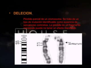 ABERRACIONES  CROMOSÓMICAS DELECION . Pérdida parcial de un cromosoma. Se trata de un tipo de mutación identificable como ausencia de secuencias concretas. La pérdida de un fragmento minúsculo puede no tener un efecto manifiesto.  