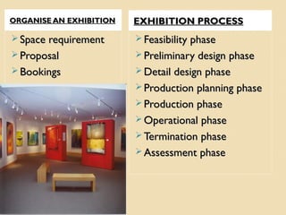 ORGANISE AN EXHIBITIONORGANISE AN EXHIBITION EXHIBITION PROCESSEXHIBITION PROCESS
 Space requirementSpace requirement
 ProposalProposal
 BookingsBookings
 Feasibility phaseFeasibility phase
 Preliminary design phasePreliminary design phase
 Detail design phaseDetail design phase
 Production planning phaseProduction planning phase
 Production phaseProduction phase
 Operational phaseOperational phase
 Termination phaseTermination phase
 Assessment phaseAssessment phase
 