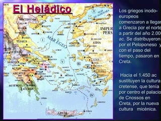 Los griegos inodo-Los griegos inodo-
europeoseuropeos
comenzaron a llegarcomenzaron a llegar
a Grecia por el nortea Grecia por el norte
a partir del año 2.000a partir del año 2.000
ac. Se distribuyeronac. Se distribuyeron
por el Peloponeso ypor el Peloponeso y
con el paso delcon el paso del
tiempo, pasaron entiempo, pasaron en
Creta.Creta.
Hacia el 1.450 acHacia el 1.450 ac
sustituyen la culturasustituyen la cultura
cretense, que teníacretense, que tenía
por centro el palaciopor centro el palacio
de Cnossos ende Cnossos en
Creta, por la nuevaCreta, por la nueva
cultura micénica.cultura micénica.
El HeládicoEl Heládico
 