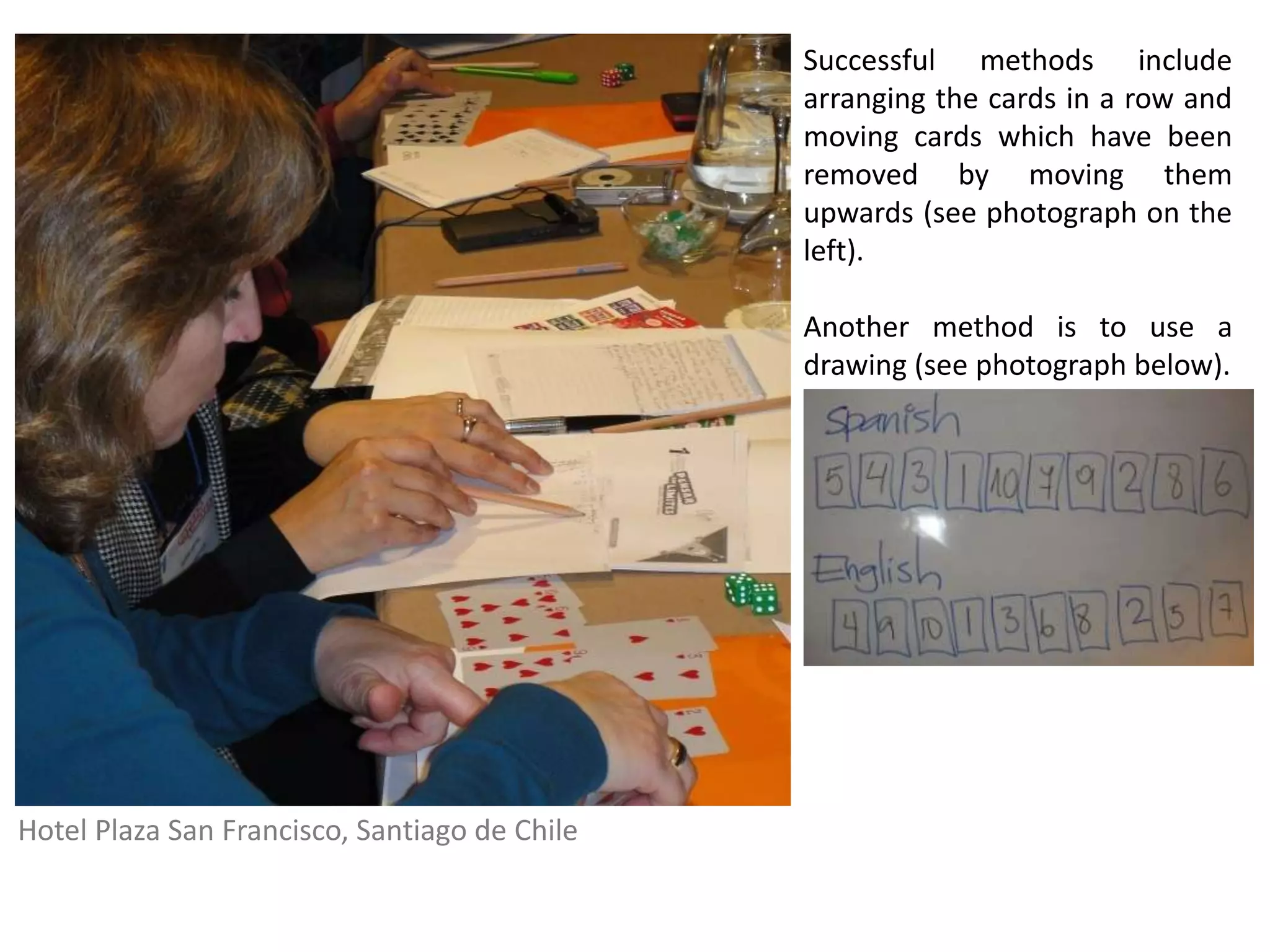 Successful methods include
                                               arranging the cards in a row and
                                               moving cards which have been
                                               removed by moving them
                                               upwards (see photograph on the
                                               left).

                                               Another method is to use a
                                               drawing (see photograph below).




Hotel Plaza San Francisco, Santiago de Chile
 