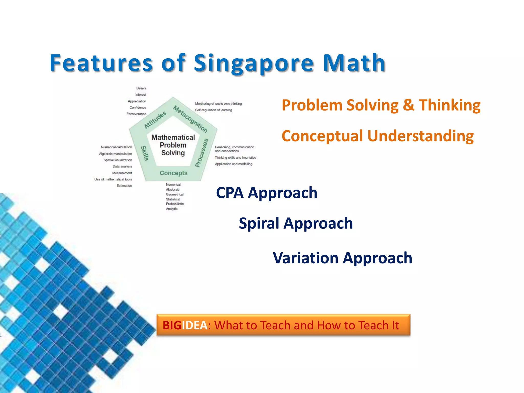 Features of Singapore Math
                             Problem Solving & Thinking
                             Conceptual Understanding


                 CPA Approach
                     Spiral Approach
                           Variation Approach


        BIGIDEA: What to Teach and How to Teach It
 