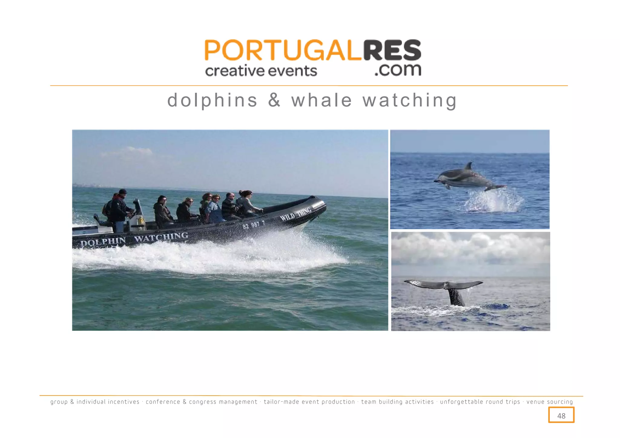 dolphins & whale watching




group & individual incentives · conference & congress management · tailor-made event production · team building activities · unforgettable round trips · venue sourcing

                                                                                                                                                                  48
 