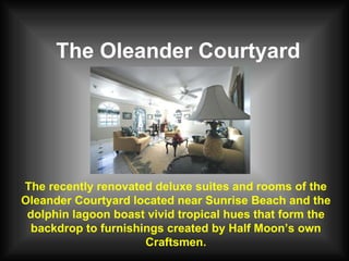 The Oleander Courtyard The recently renovated deluxe suites and rooms of the Oleander Courtyard located near Sunrise Beach and the dolphin lagoon boast vivid tropical hues that form the backdrop to furnishings created by Half Moon’s own Craftsmen. 