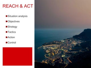 REACH & ACT 
◼Situation analysis 
◼Objectives 
◼Strategy 
◼Tactics 
◼Action 
◼Control 
 